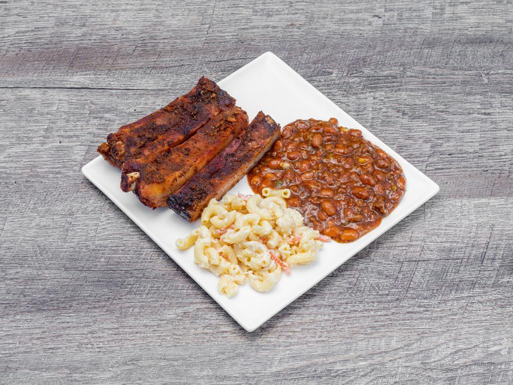 Slammin Bama Ribs · 3 smoke ribs with your choice of 2 sides and slice of bread.