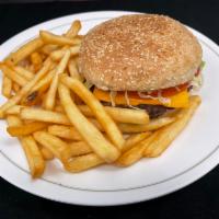 Cheeseburger Deluxe · w/ Mayo, tomato, lettuce, American cheese
+ French Fries