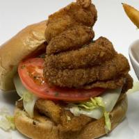 Fried Fish Sandwich  · 3 pieces of crispy fried fish with lettuce, tomato and cheese served with a side of garlic P...