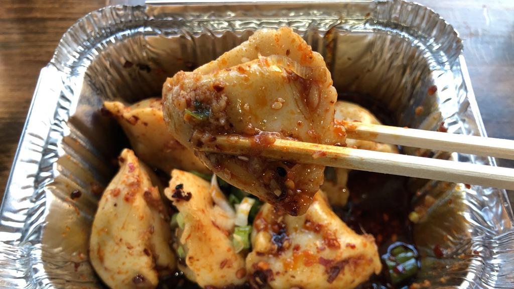 Spicy mini Pork and Mushroom Dumpling 辣饺 · 8 pcs mini dumpling in special house-made spicy chili oil, garlic, ginger. 