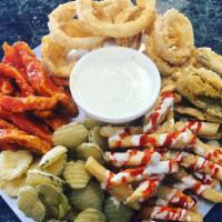 Texas Size Platter · Buffalo  Chicken Fingers, Buffalo Fries, Onion Rings, Fried Pickles, Fried Jalapenos & ranch