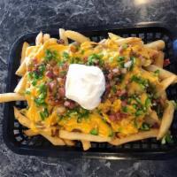 Dirty Fries · Chili, Cheese, Jalapenos, Bacon, & Sour Cream