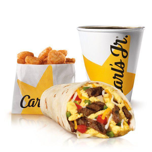 Steak and Egg Burrito Combo · Charbroiled steak, scrambled eggs, shredded cheese, and fresh salsa, wrapped in a warm flour tortilla. Served with small drink and Hash Rounds®.