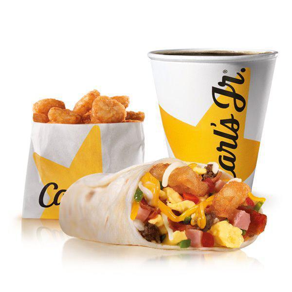Loaded Breakfast Burrito Combo · Sausage, ham, bacon bits, scrambled eggs, Hash Rounds®, shredded cheese, fresh salsa, wrapped in a warm flour tortilla. Served with small drink and Hash Rounds®.