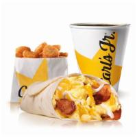 Bacon, Egg and Cheese Burrito Combo · Crispy bacon, scrambled eggs, shredded cheese, wrapped in a warm flour tortilla. Served with...