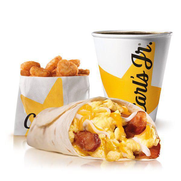 Bacon, Egg and Cheese Burrito Combo · Crispy bacon, scrambled eggs, shredded cheese, wrapped in a warm flour tortilla. Served with small drink and Hash Rounds®.