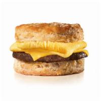 Sausage Egg and Cheese Biscuit · Grilled sausage, folded egg, American cheese on a buttermilk biscuit.