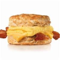 Bacon Egg and Cheese Biscuit · Crispy bacon, folded egg and American cheese on a buttermilk biscuit.