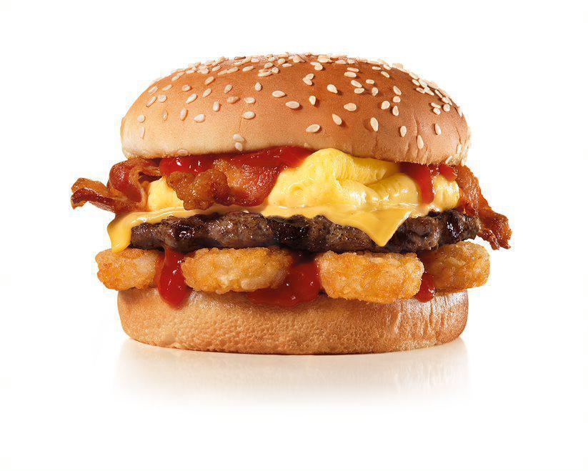 Breakfast Burger · Charbroiled All-Beef Patty, Egg, Bacon, American Cheese, Hash Rounds®, and Ketchup on a seeded bun.