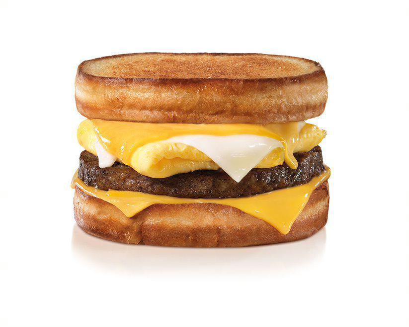 Sausage Grilled Cheese Breakfast Sandwich · The Grilled Cheese Breakfast Sandwich loaded with American and Swiss Cheese, Folded Egg, and a Sausage Patty.