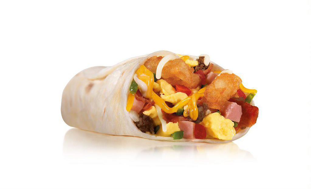Loaded Breakfast Burrito · Sausage, ham, bacon bits, scrambled eggs, Hash Rounds®, shredded cheese, fresh salsa, wrapped in a warm flour tortilla. 