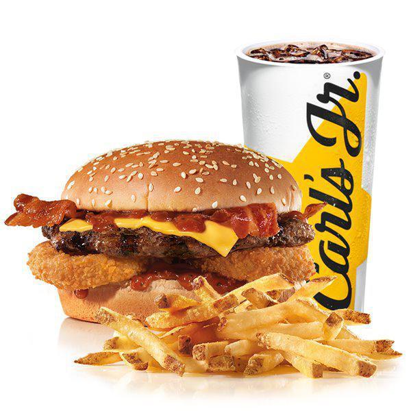 Western Bacon Cheeseburger Combo · Charbroiled all-beef patty, two strips of bacon, melted American cheese, crispy onion rings and tangy BBQ Sauce on a seeded bun. Served with small drink and small fry.