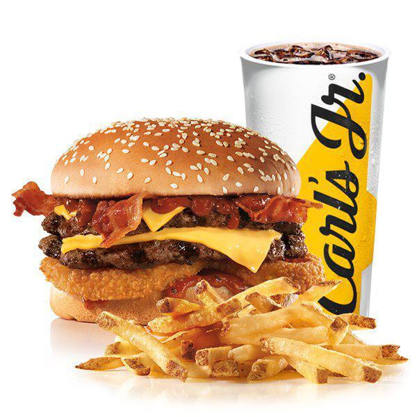 Double Western Bacon Cheese Burger Combo · Two charbroiled all-beef patties, two strips of bacon, two slices of melted American cheese, crispy onion rings and tangy BBQ Sauce on a seeded bun. Served with small drink and small fry.