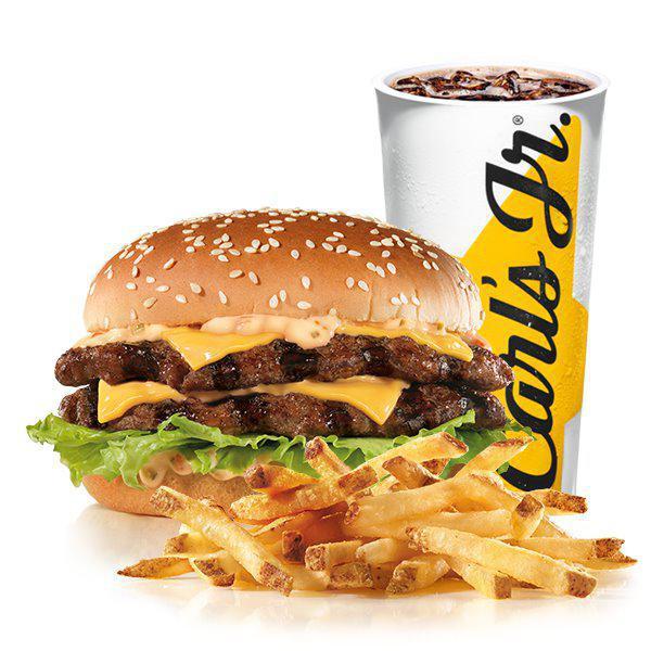 The Big Carl® Combo · Two charbroiled all- beef patties, our Classic Sauce, two slices of American cheese, and lettuce all on a seeded bun. Served with small drink and small fry.