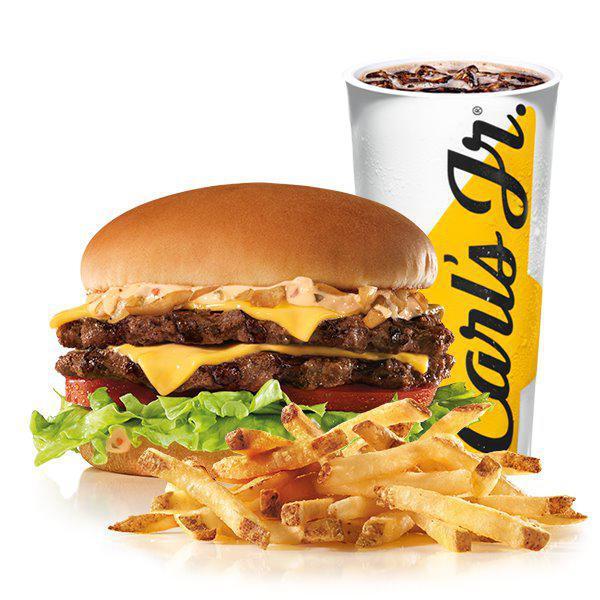California Classic Double Cheeseburger Combo · Two charbroiled all-beef patties, American cheese, grilled onions, Classic Sauce, lettuce and tomato on a plain bun. Served with small drink and small fry.