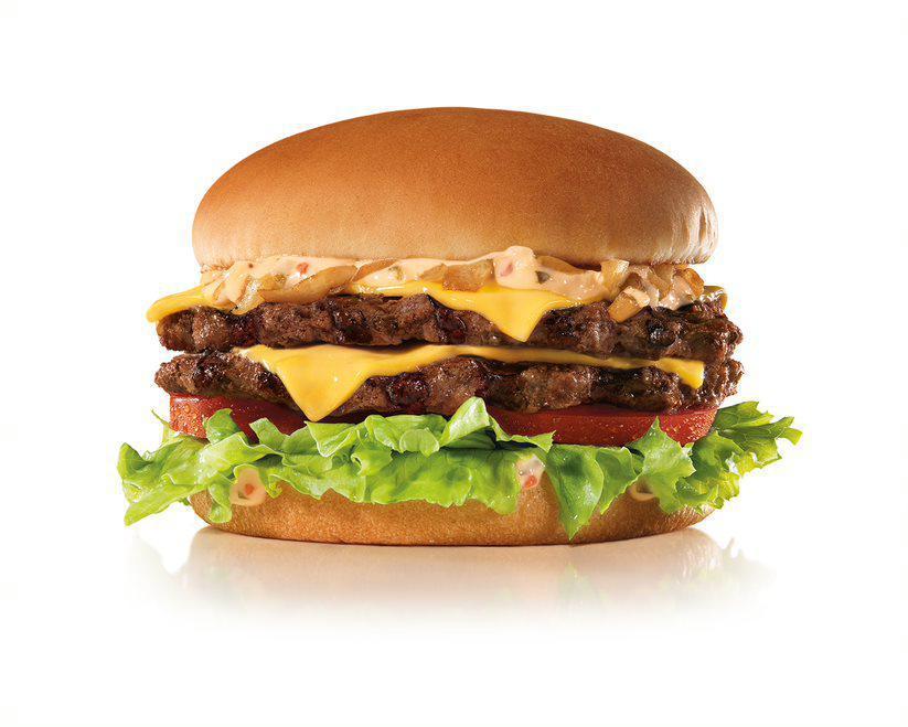 California Classic Double Cheese Burger · Two charbroiled all-beef patties, American cheese, grilled onions, Classic Sauce, lettuce and tomato on a plain bun. 