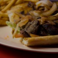 5. Skirt Steak Sandwich · Skirt Steak charbroiled to perfection, Served on French Bread topped  with Grilled Onions, L...
