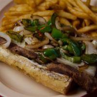 6. Philly Steak · Philly Steak Sandwich topped with swiss cheese, bell peppers, onions,  mayo, includes fries ...