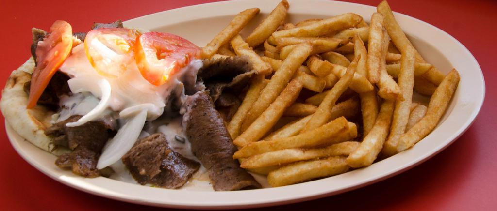 9. Gyros · Our Famous Authentic Gyros Meat topped with onions, tomato, tzatziki sauce, served on a pita, includes fries and drink.