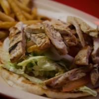 10. Chicken Pita · Fresh Grilled Chicken Breast topped with lettuce, tomato, mayo, and honey mustard, served on...