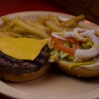 16. Cheese Burger · 100% Beef Patty Hand Made fresh daily topped with american cheese, lettuce, tomato, onion, p...