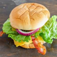Bacon Bistro Burger · 1/4 lb of fresh Angus beef, topped with applewood-smoked bacon, cheese, lettuce, tomato, pic...