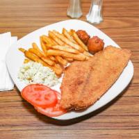 Fish Basket  · Served with fries, slaw and hush puppies.