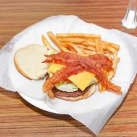 Bacon Cheeseburger  · Beef patty topped with 2 slices of American cheese and 2 strips of bacon. Served with lettuc...