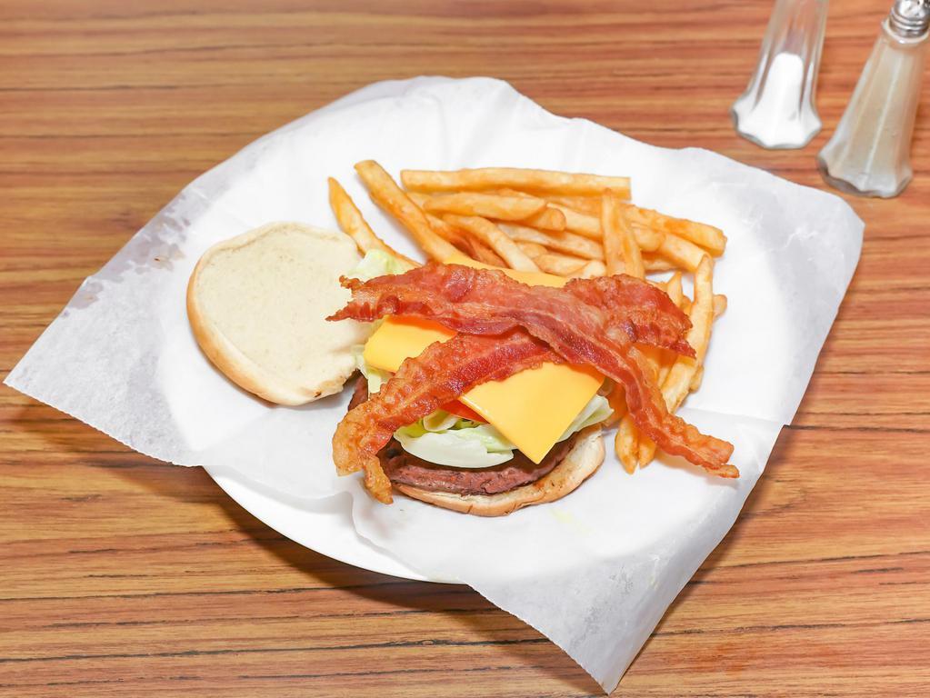 Bacon Cheeseburger  · Beef patty topped with 2 slices of American cheese and 2 strips of bacon. Served with lettuce, tomato, onion and pickles on a brioche bun. Served with fries.