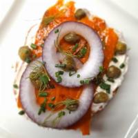 Bagel and Carrot Lox · Toasted Bagel Smeared with Homemade Cashew Cream Cheese, Carrot Lox, Capers, Red Onions and ...