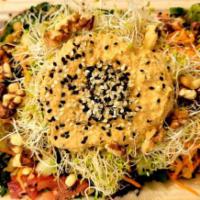 Nuts for Salad · Fresh kale and mixed baby greens, walnuts, sprouted beans, lentils, alfalfa sprouts, diced t...