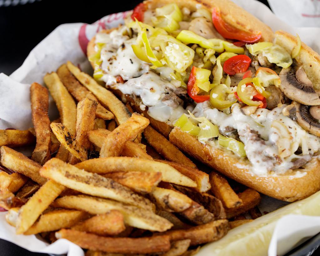 Angus Philly Cheesesteak Samwich · Daily hand sliced Angus rib eye with grilled onions, pepperoncini peppers, sauteed mushrooms, melted provolone cheese and mayo on Sam's roll. Served with a pickle and your choice of side.