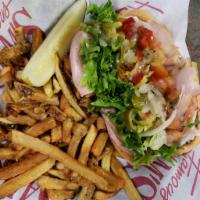 Sam’s Grinder · An authentic Italian hoagie with generous portions of sliced turkey breast, deli ham, pepper...