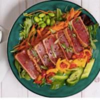 Seared Ahi tuna Salad · Mixed greens with arugula, seared ahi tuna, shallots, cucumber, edamame, carrots, bell peppe...