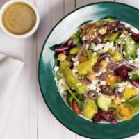 Chopped Greek Salad · Cherry tomatoes, garbanzo beans, black olives, feta, pepperoncini, red onions, romaine and r...
