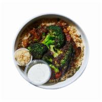 Pot Roasted Vegetable Bowl · Pot roasted vegetables, charred broccoli with lemon, brown rice, and prepared horseradish an...