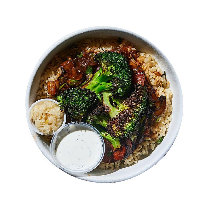 Pot Roasted Vegetable Bowl · Pot roasted vegetables, charred broccoli with lemon, brown rice, and prepared horseradish and yogurt dill dressing on the side. Contains milk.