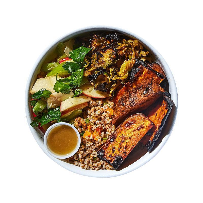 Winter Harvest Bowl · Spiced farro with butternut squash, roasted brussels sprouts, apples & celery, roasted sweet potatoes, and rosemary vinaigrette on the side.  Contains milk, wheat/gluten, tree nuts (walnut).