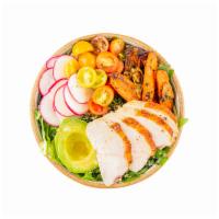 Chicken Avocado Ranch Salad · Farm greens, kale and quinoa, herb roasted chicken breast, avocado, sheet tray carrots, radi...