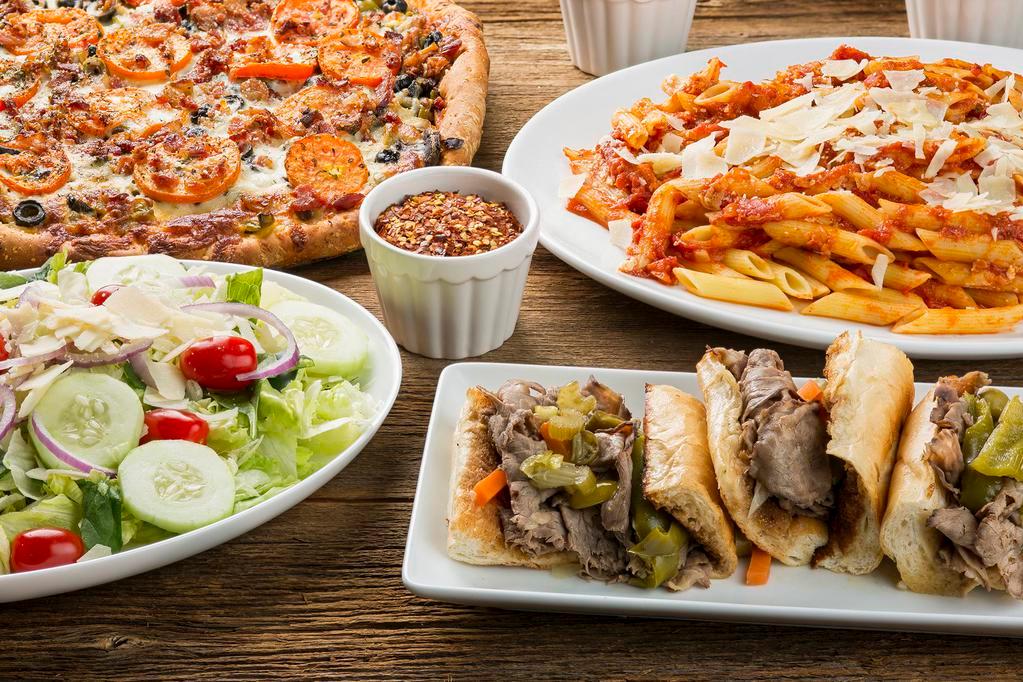 Party Pack # 2 (Serves 15 - 20 People) (BEEF, PASTA & SALAD) · 1.  3 Lbs. Italian Beef (with Italian Bread)
2.  One Half tray of Spaghetti or Mostaccioli (Substitute with any signature pasta for $15 ea)
3.  Half tray of Garden or Caesar Salad (Substitute with any of our available salads for $15 ea)
4.  Sweet Peppers & Rosati’s Hot Giardiniera
5.  12 pieces garlic bread squares