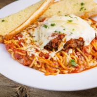 Chicken Parmigiana Pasta · Breaded chicken breast baked with marinara sauce, topped with baked mozzarella cheese, shave...