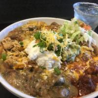 Phoenix Fiesta Bowl · All the favorite Sonoran Dishes layered into a bowl, Nanas Pork Green Chile, Red Chile Beef,...