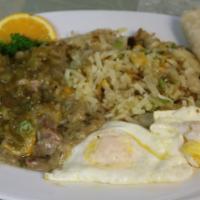 Nanas Pork Green Chile, Fried Egg, Hash Brown and Tortilla Combo · Thick cut of meat from a pig typically cut from the spine.