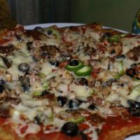 Large Mexican Pizza · Two toasted tortillas, cheese, topped with red sauce, ground beef, tomatoes, onions, and mor...