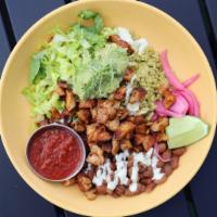 Bowl · shredded lettuce, pinto beans, rice, toasted sesame guacamole, Cotija cheese, pickled red on...