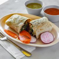 Asada Burrito · It includes rice,beans,onion,cilantro ,green or red salsa