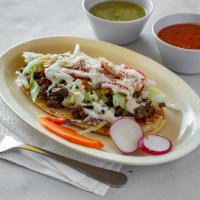 Huaraches · Choice of meat
Carnitas,asada,chicken,chicharrón,chorizo
It includes lettuce,tomato,onion.so...