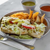 Quesadilla with Flour Tortilla · Cooked tortilla that is filled with cheese and folded in half. Choice of meat. Served with r...