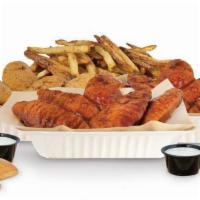 16 Piece Crispy Tender Pack · 16 Breaded Tenders with choice of up to 3 sauces, large fries, 3 dips and 4 rolls (feeds 4-5)