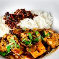 Tofu Meshi(GF)(V) · Tofu, Maple Gochujang Glaze, Mushrooms,
White Rice, Chili Crisp, Cilantro & 
Sesame Seeds
